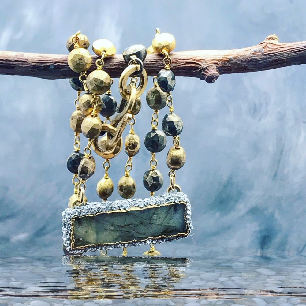 Matana Labradorite Pyrite rectangle pavé necklace - Picture 1 of 8